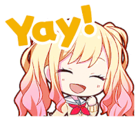 a cartoon girl with blonde hair and pink pigtails is smiling and says yay !