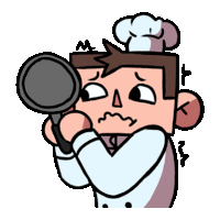 a cartoon drawing of a chef holding a pan in front of his face