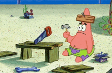 patrick star from spongebob is holding a hammer and saw