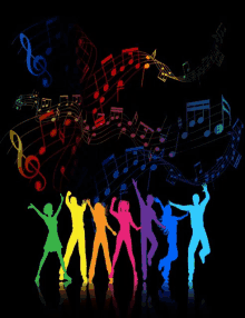 a group of people are dancing in front of a colorful background of music notes