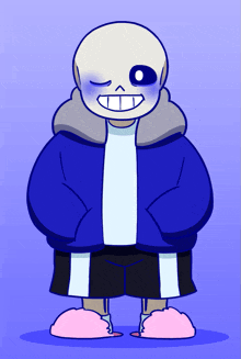 a cartoon drawing of a skeleton wearing a blue jacket and shorts