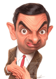 a caricature of mr bean making a funny face while wearing a suit and tie