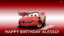 a happy birthday card with a lightning mcqueen car