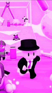 a cartoon character wearing a top hat and tie is running on a pink background .