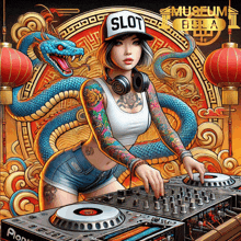 a woman wearing headphones and a hat that says slot is playing music