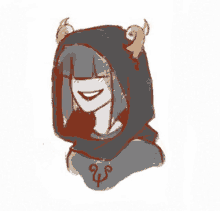 a drawing of a girl wearing a hood with horns on it