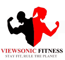 a logo for viewsonic fitness shows a man and a woman flexing their muscles