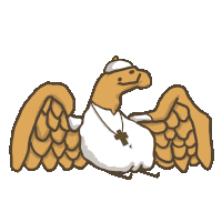 a cartoon drawing of a bird with wings and a cross