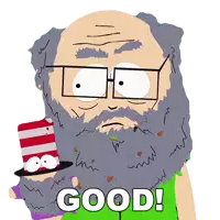 a cartoon character with a beard and glasses holds a top hat and says " good "