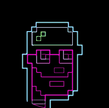 a neon drawing of a skull with a green square on the top