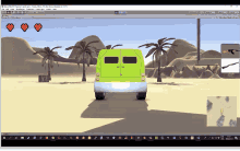 a computer screen shows a green van driving in the desert