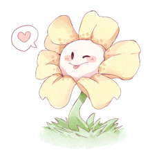 a drawing of a flower with a heart in a speech bubble behind it