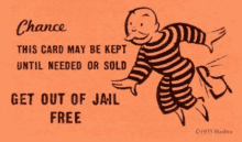 a monopoly card that says chance this card may be kept until needed or sold get out of jail free