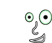 a cartoon face with green eyes , a nose , and a smile .