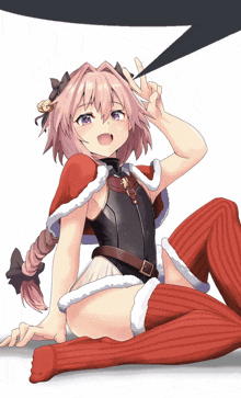 a girl with pink hair and purple eyes is wearing a santa outfit and knee high socks