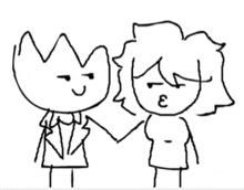 a black and white drawing of two cartoon characters holding hands