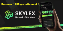 a person is holding a phone that says skylex network of the future on it