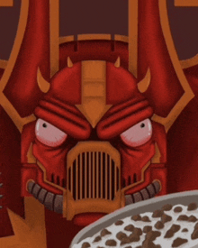 a cartoon of a robot with horns and a bowl of cereal in front of it