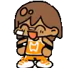 a cartoon of a boy wearing a basketball jersey and shorts is laughing .