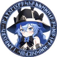 a picture of a girl with blue hair and a hat with runes around her