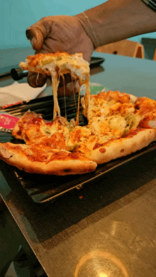 a person is taking a slice of pizza on a plate