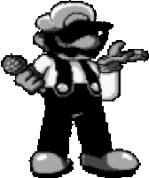 a black and white pixel art of a man wearing sunglasses and holding a microphone .