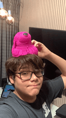 a boy wearing glasses holds a pink stuffed animal on top of his head