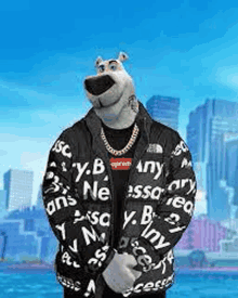 scooby doo is wearing a supreme jacket with a city in the background .