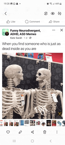 two skeletons are standing next to each other on a facebook page that says funny neurodivergent adhd asd memes