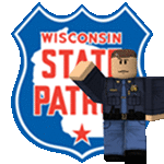 a toy police officer stands in front of a sign that says wisconsin state path