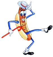 a cartoon hot dog wearing a hat and a cane