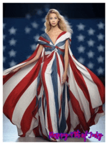 a woman in an american flag dress with the words happy 4th of july below her