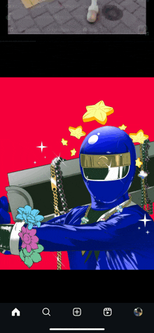 a cartoon of a person wearing a blue helmet and holding flowers