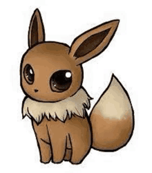 a brown eevee with big eyes and a long tail is sitting down on a white background .