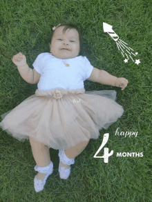 a baby in a tutu is laying in the grass with the words happy 4 months written on the bottom