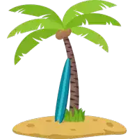 a cartoon drawing of a palm tree and a surfboard