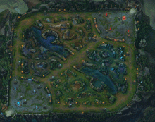 an aerial view of a league of legends map with a river running through the middle