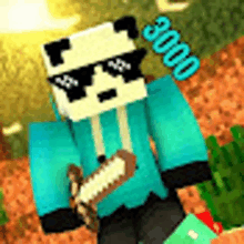 a panda wearing sunglasses and a blue hoodie is holding a football in a minecraft video game .