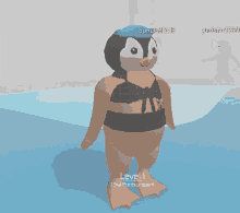 a penguin in a bikini is standing in a pool and has level 1 on its feet