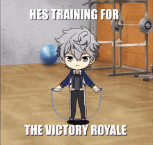 a cartoon of a boy jumping a jump rope with the caption he 's training for the victory royale