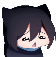 a cartoon character with black hair and cat ears making a sad face