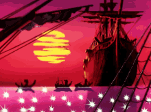 a sunset with a ship in the background and boats in the foreground