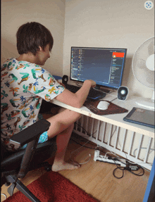 a person sitting at a desk with a computer and a fan