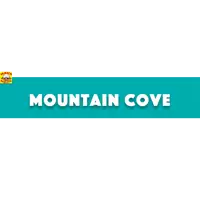 a blue and white banner with the words mountain cove on it