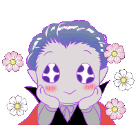 a cartoon drawing of a vampire with big eyes surrounded by flowers