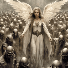 a woman in a white dress with wings stands in front of a crowd of warriors