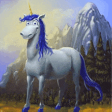 a cartoon unicorn with a blue mane and tail is standing in front of a mountain