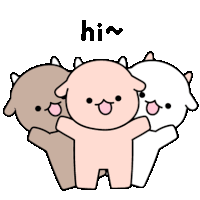 three cartoon sheep are hugging each other and saying hi