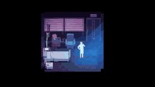 a pixel art of a hospital room with a doctor standing in front of a bed