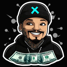 a cartoon of a man with a blue x on his hat holding a bunch of money